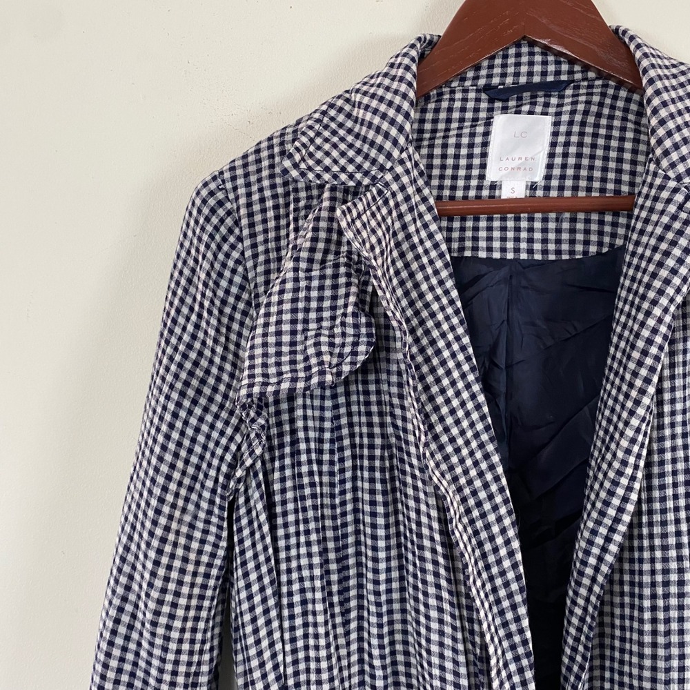 Lauren Conrad‎ Gingham Trench Coat Ruffled Lightweight Waist Tie Women's  Small - Picture 5 of 8